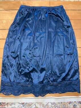Navy Satin Half Slip with Lace Hem